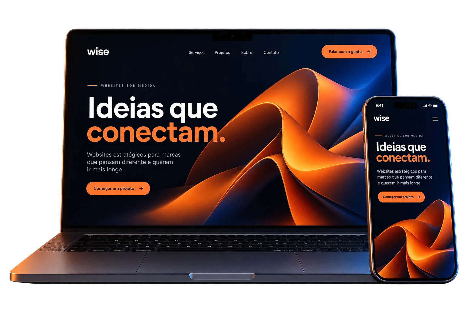 Notebook e celular exibindo interfaces da Wise em azul profundo e laranja